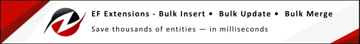 EF Extensions header banner with logo, listing Bulk Insert, Bulk Update, Bulk Merge and the tagline ‘Save thousands of entities — in milliseconds’.