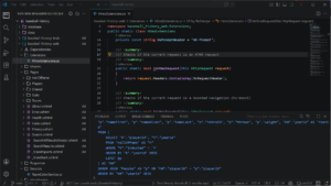 Screenshot of Visual Studio Code showing a C# file (HxExtensions.cs) in the baseball-history-web project, with the Extensions folder expanded in the explorer and code visible in the editor.