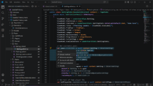 Visual Studio Code editor showing a Blazor project; BattingModel code open with properties and methods, left file explorer visible.