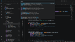 Dark VS Code window showing a project explorer on the left and a search dropdown with the query 'Player' in the top bar, highlighting results for Player*.cshtml and related files.