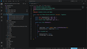 Screenshot of Visual Studio Code showing a C# HealthModel class in the baseball-history-web project, with the Solution Explorer on the left.