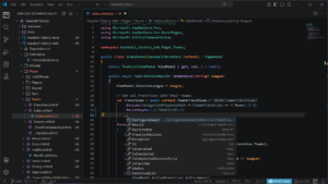 Screenshot of a Visual Studio Code window in dark theme showing a C# project: left file explorer with baseball-history folders, and an open Pages/Teams/Index.cshtml.cs file in the editor showing OnGetAsync and Teams data access code.