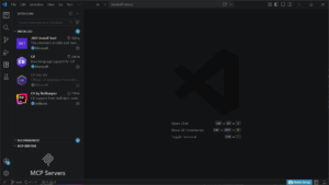 Screenshot of Visual Studio Code showing the Extensions panel with installed .NET, C#, and C# Dev Kit extensions on the left; editor area is dark and mostly empty.