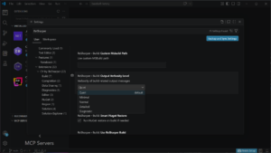 Visual Studio Code settings panel showing ReSharper Build options and the Output Verbosity Level dropdown in a dark theme window.