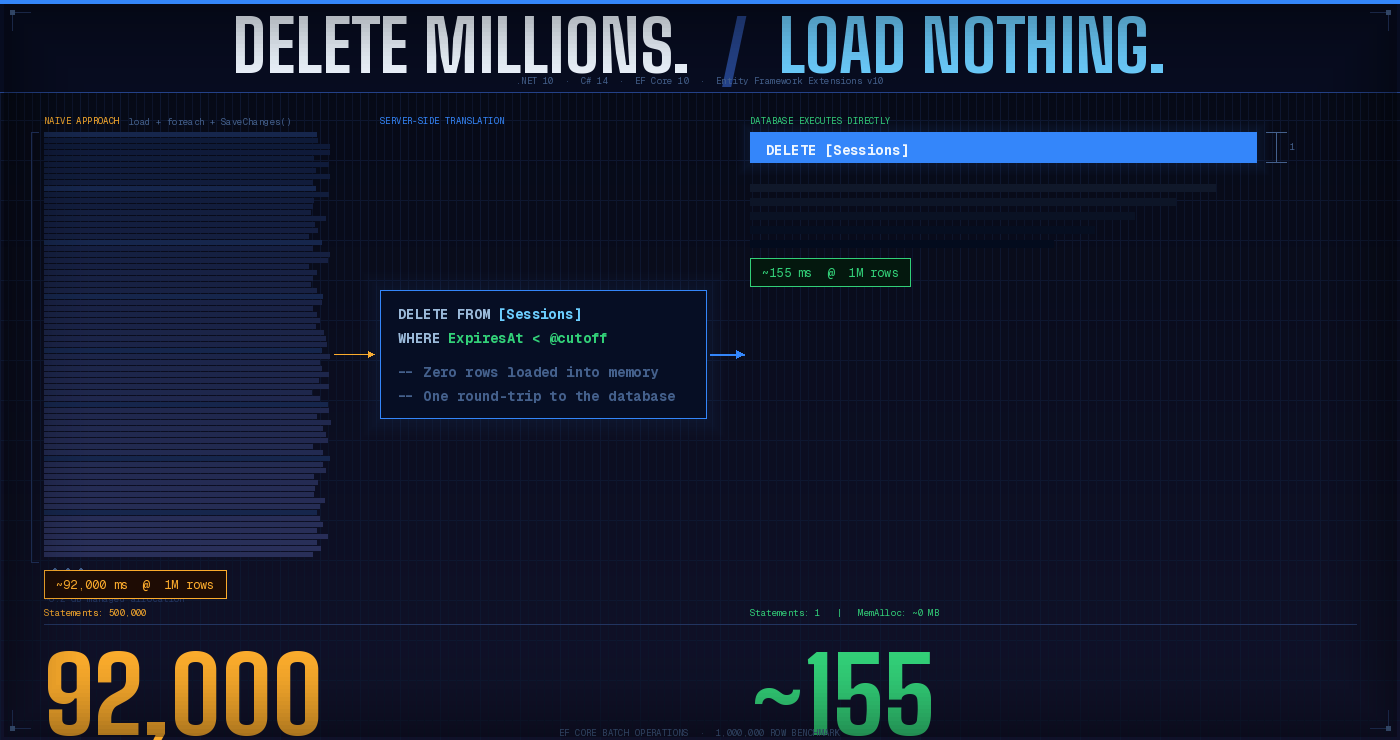 How to Delete and Update Millions of Rows in EF Core Without Loading a Single Entity