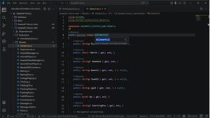 Dark code editor showing a C# class AllStarFans with its properties, with a project tree on the left listing BaseballHistory.Models folders