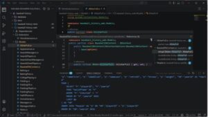 Dark‑themed IDE with a C# class named AllStarFalls, a project file tree on the left, and code plus a SQL query in the main editor.