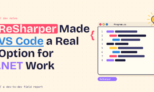 Hero illustration announcing 'ReSharper Made VS Code a Real Option for .NET Work' with a code editor window on the right and a lightbulb motif, set on a beige dotted background.