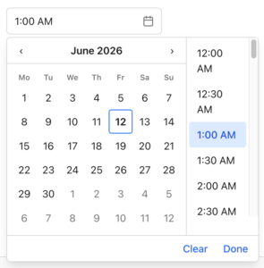 Date and time picker showing June 12, 2026 at 1:00 AM, with calendar and time column visible.